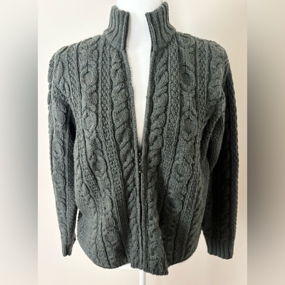 Aran Crafts Dark Green 100% Merino Wool Fisherman‎ Sweater - Picture 3 of 7